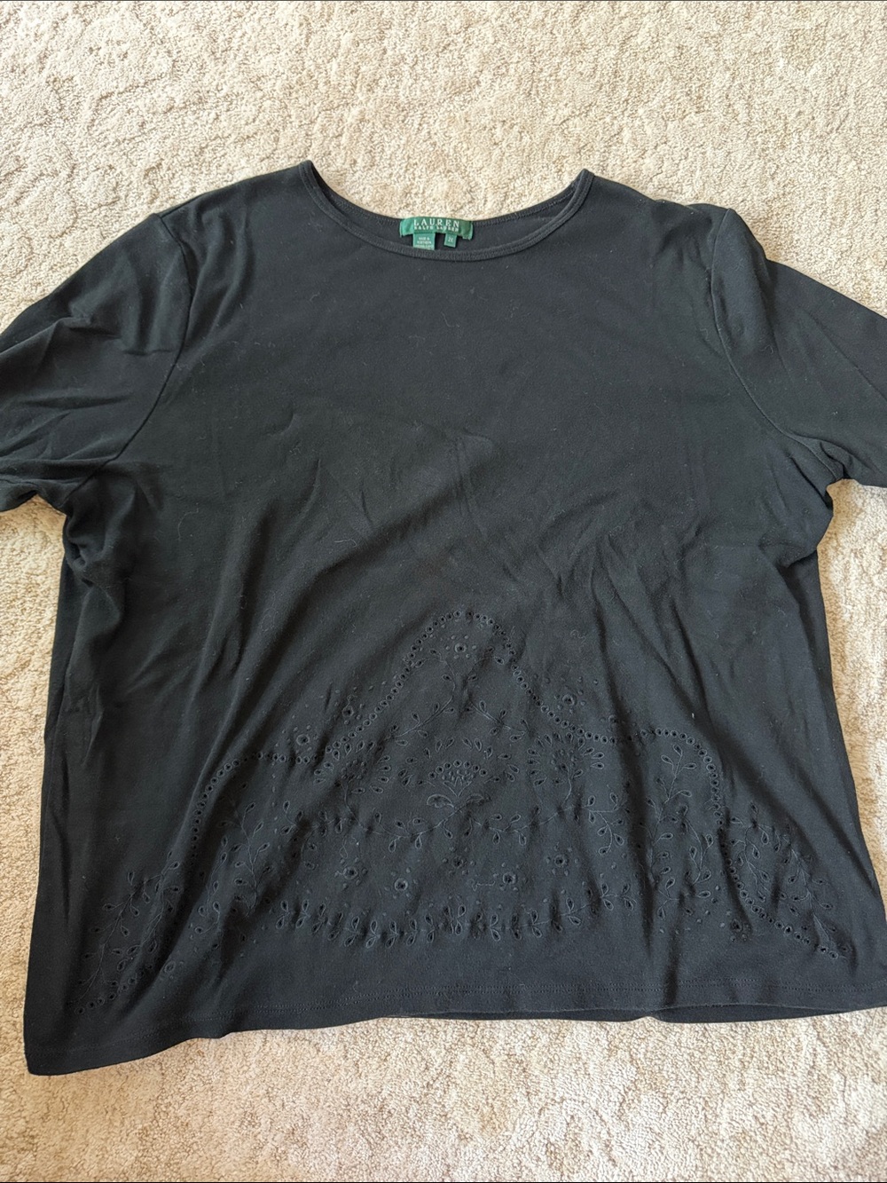 Lauren Ralph Lauren Black Short-Sleeve Eyelet Hem Crew Tee